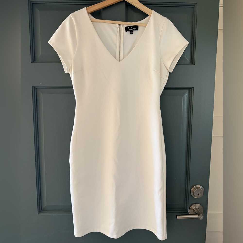 Lulu's Off-White V-Neck Sheath Midi Dress - Picture 3 of 8